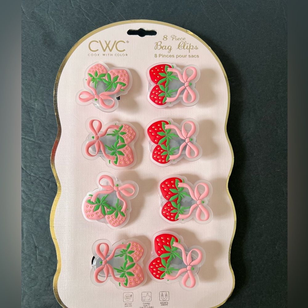 NWT CWC Strawberry Ribbon Bag Clips, Set of 8